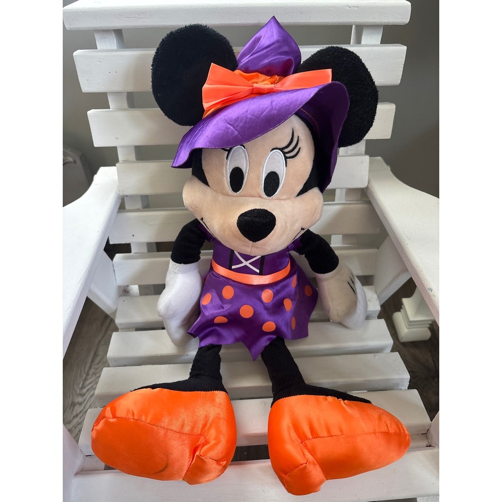 Disney Minnie Mouse Halloween Witch Plush Purple Orange Polka Dot Dress Toy